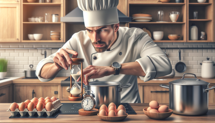 Chef using a timer to ensure eggs are boiled perfectly, checking early and adjusting for stove and cookware.