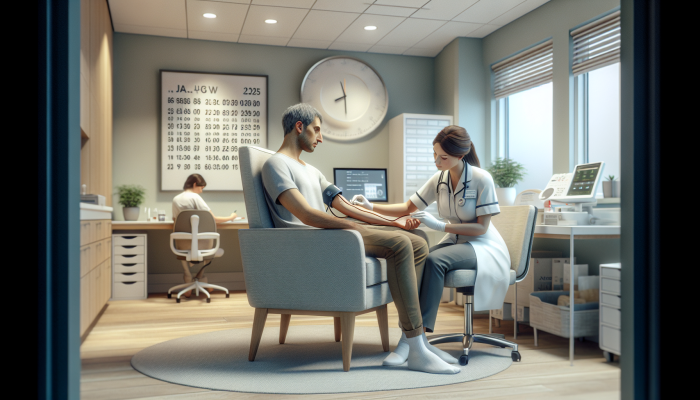 Patient in Jarrow clinic undergoing cholesterol test, nurse drawing blood from arm in a calm setting.