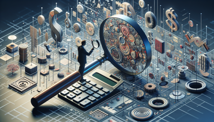 Individual scrutinising financial documents with magnifying glass, surrounded by bills and a calculator, assessing debt consolidation terms.