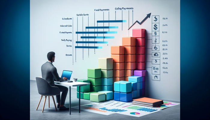 Individual budgeting confidently at desk with fixed payment schedules and steady savings growth charts.