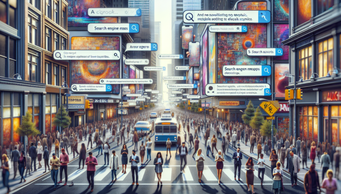 A bustling city street with billboards promoting local businesses, individuals using smartphones, and maps highlighting nearby attractions.