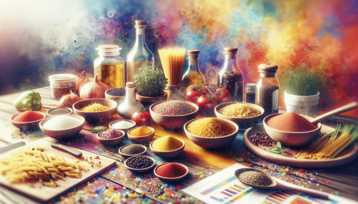 A vibrant display of colourful grains and pasta with spices and herbs in a lively kitchen, perfect for creative culinary adventures.