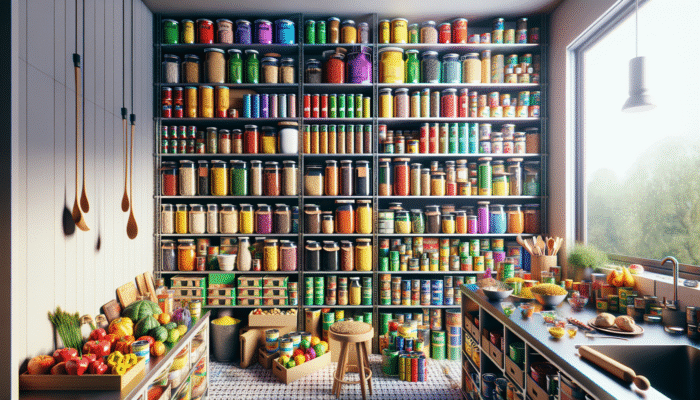 A colourful array of pantry ingredients on shelves, ready for easy meal preparation.