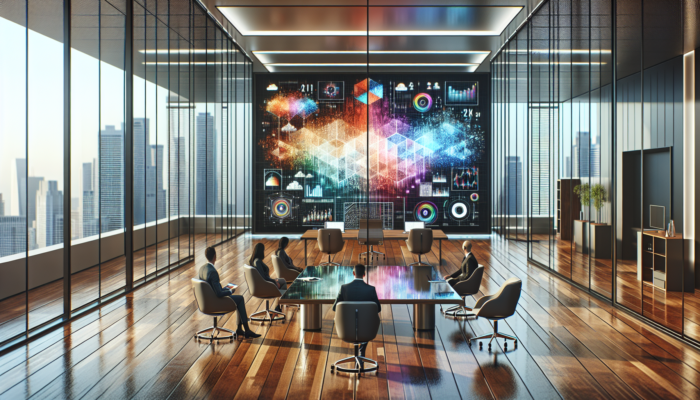 A team analysing customer data on a large digital screen in a modern office environment.