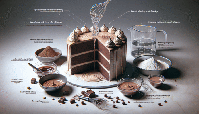 Vegan chocolate cake prepared with aquafaba, gently mixed to avoid overmixing, achieving an airy texture and harmonious flavours.