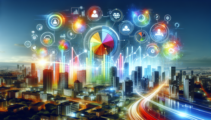 A vibrant Bing business profile showcasing graphs of increased traffic and trust against a lively city backdrop.