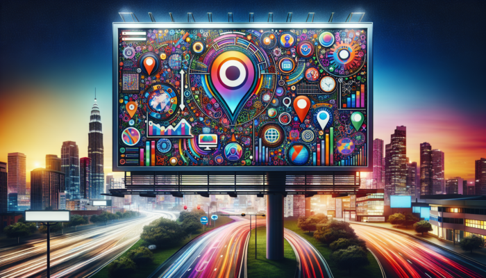 A dynamic digital billboard featuring "Boost Your Local SEO with Bing My Business" along with SEO icons set against a city skyline at dusk.
