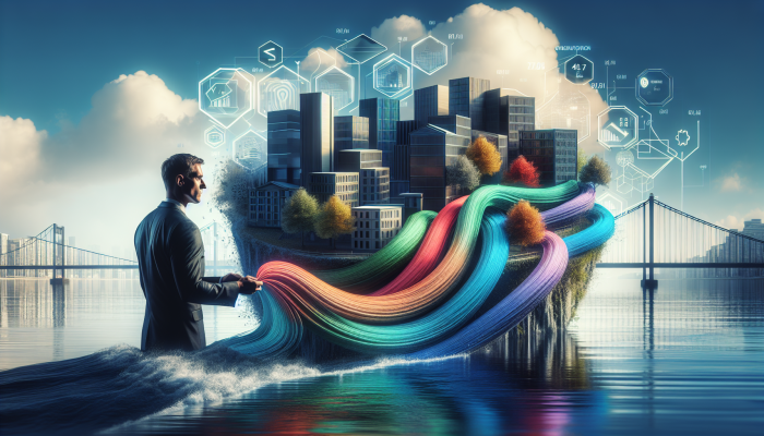 Debt Consolidation Journeys Shared on X: Real Stories and Tips | DCL A person merging multiple debts into one loan, symbolised by streams flowing into a river, UK financial district backdrop.