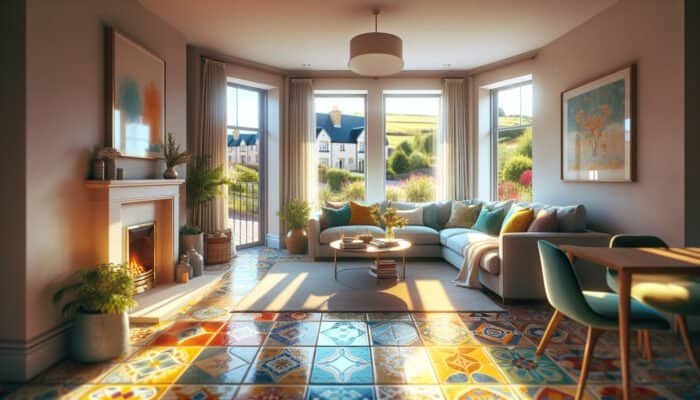Cozy living room showcasing vibrant, clean ceramic tile floors in Stirling.