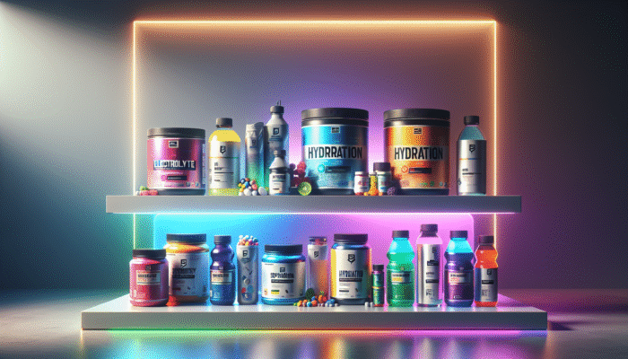 A colourful display of various hydration supplements on a modern shelf with backlighting.