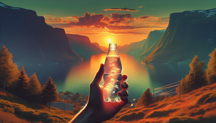 A person dissolving a vibrant hydration tablet in a water bottle, with Norwegian fjords and a sunset in the background.