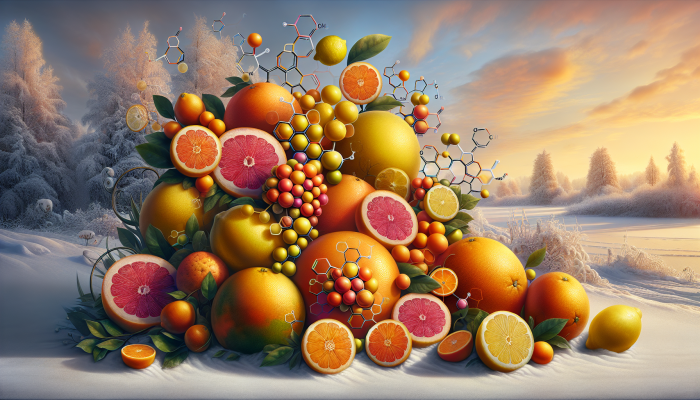 Foods for Immune System Boost: A colourful still life of citrus fruits with vitamin C molecules, set against a winter scene.