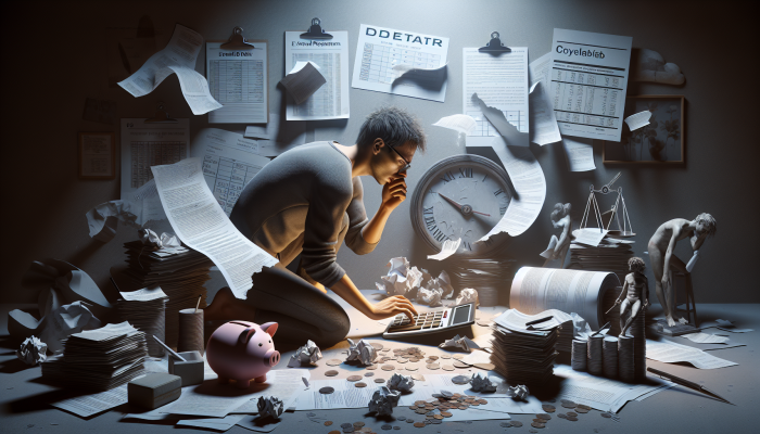 Understanding the Impact of Debt Consolidation on Future Loans: Comprehensive Analysis | DCL Person in a dimly lit room, surrounded by financial documents, anxiously calculating extended debt repayment on a calculator, with a calendar displaying prolonged dates.