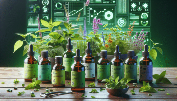 A collection of UK herbal tinctures featuring nettle, mint, and rosemary, beautifully arranged in a vibrant, green environment.