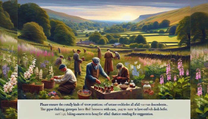 A picturesque scene of the UK countryside where herbalists engage in the sustainable harvesting of orchids and ginseng for natural remedies.