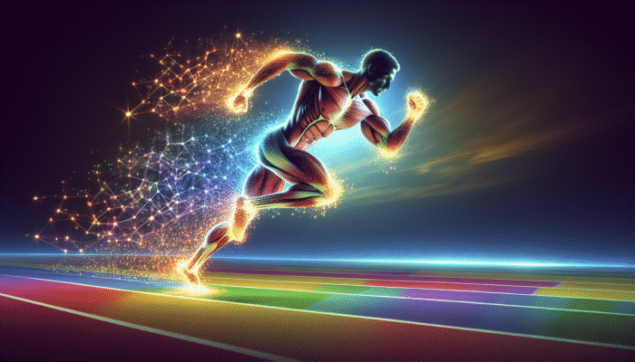 An athlete sprinting on a track, with muscles enhanced by luminous creatine particles under a clear sky.