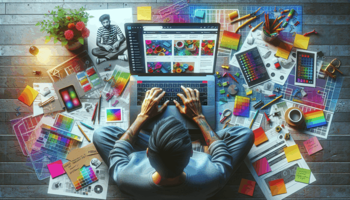 A vibrant workspace showcasing a laptop with a lively product page, notes, and a mood board; an individual crafting product descriptions.