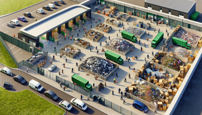A bustling UK recycling centre with sections for electronics, garden waste, and appliances, featuring individuals sorting materials.
