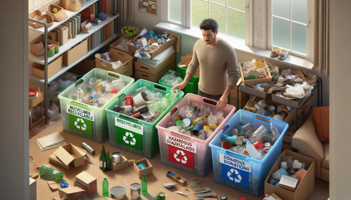 Individual sorting household items into labelled bins for recycling, non-recyclables, hazardous materials, and donations during house clearance.