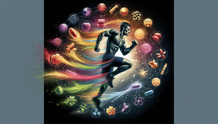 Essential nutrients surrounding an athlete in motion, symbolising the advantages of athletic multivitamins.