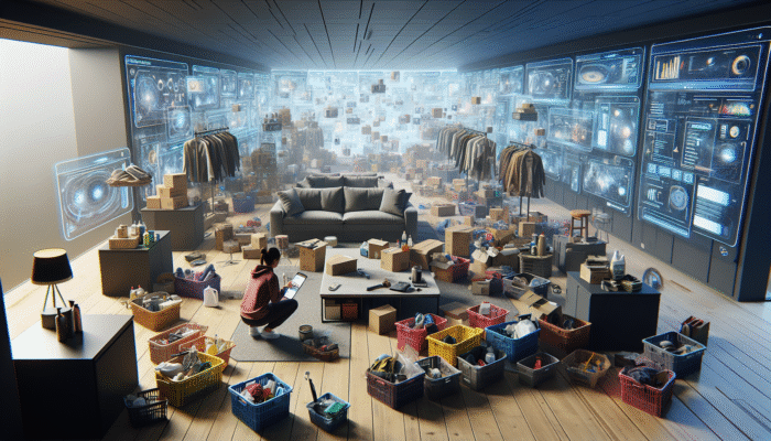 Person organising and packing items into labeled boxes in a cluttered living room for house clearance.