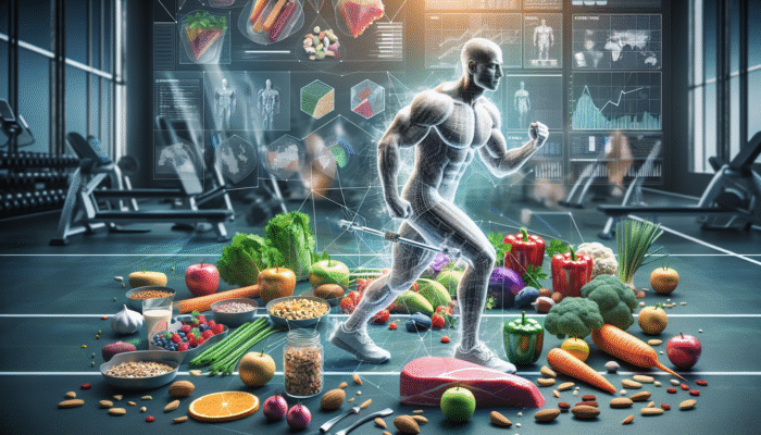 A person exercising in a gym, surrounded by low-carb foods like vegetables, nuts, and lean meats.