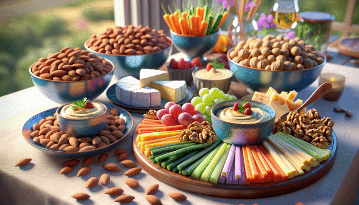A table with almonds, walnuts, vegetable sticks with hummus, and a cheese platter with brie and cheddar.