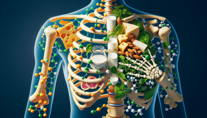 A collage showing dairy, plant milks, greens, almonds, and tahini forming strong bones with calcium and vitamin D.