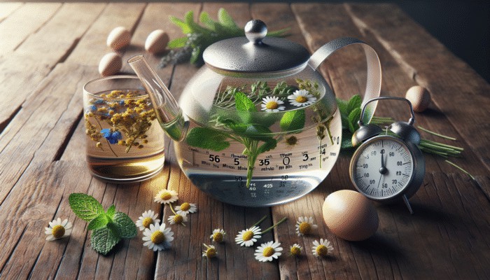 Herbs steeping in glass teapots with timers on a wooden table, enhancing tea flavours.