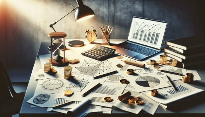 An office desk cluttered with financial statements, revenue and expense graphs, and a laptop displaying a debt consolidation loan application.