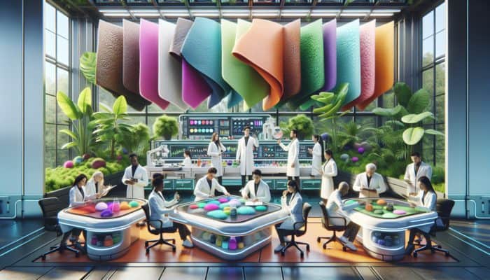 Scientists in a cutting-edge lab cultivating mycelium into eco-friendly vegan leather sheets with diverse textures and colours.