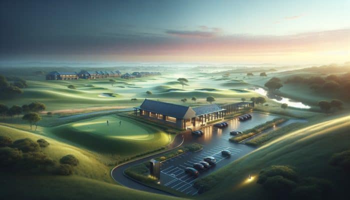 A serene Bellville Golf Club at dawn with lush greens, modern clubhouse, and visitors arriving to book tee times.