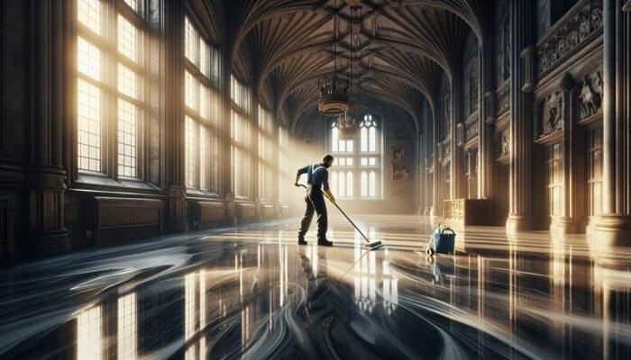 A person meticulously cleaning shiny marble floors in a Scottish Borders castle, ensuring streak-free results with sunlight pouring through windows.