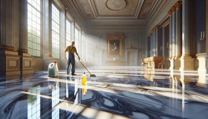 A person diligently cleaning lustrous marble floors in a historic Scottish Borders home, ensuring a streak-free finish with sunlight filtering through windows.