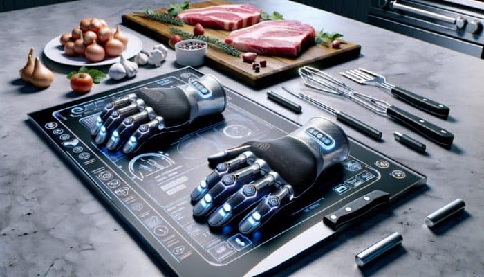 High-tech BBQ gloves with heat-resistant material and touchscreen compatibility on a modern kitchen counter with grilling tools and meat.