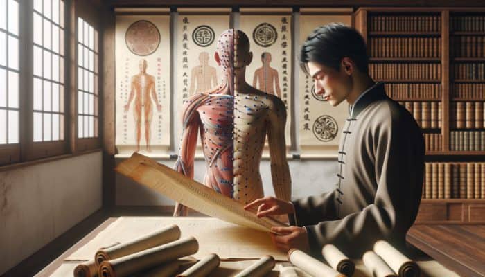 An acupuncturist studying anatomy charts and acupuncture techniques in a serene, accredited classroom with traditional and modern tools.