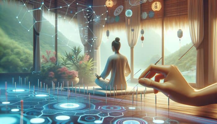 A serene acupuncture session targeting pain relief from circulatory issues like fibromyalgia and arthritis.