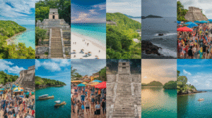 A vibrant collage of 12 images featuring stunning beaches, ancient stone ruins, verdant landscapes, ocean views, bustling festivals with market stalls, boats on the water, and individuals enjoying sandy shores under clear and partly cloudy skies—ideal for a Belize travel guide.