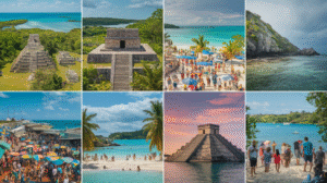 A collage of eight images showcasing ancient Mayan ruins, bustling beaches, clear turquoise waters, a lively marketplace with colourful umbrellas, tourists, and tropical landscapes under the sunny and partly cloudy skies of Belize.