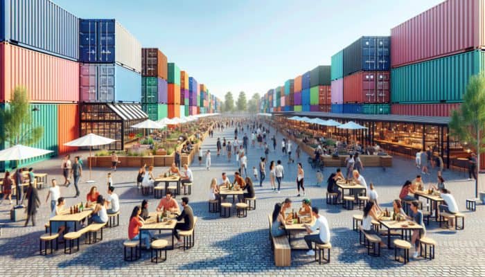 The vibrant atmosphere of Downtown Container Park showcases colourful shipping containers transformed into lively bars and eateries.