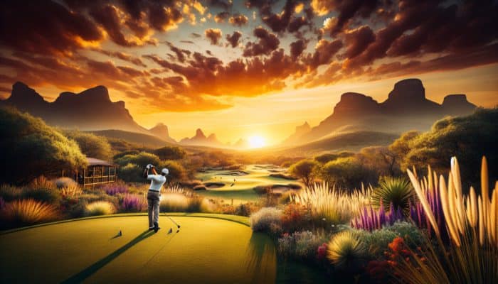 A golfer teeing off at Gary Player Country Club, Sun City, surrounded by bushveld scenery and a stunning sunset.