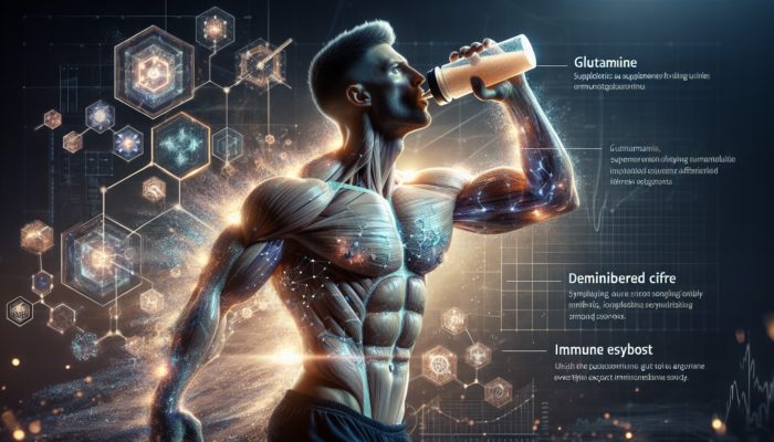 Research on Glutamine Recovery: An athlete consuming a glutamine supplement, surrounded by a recovery aura, with glowing muscles and a robust immune shield.