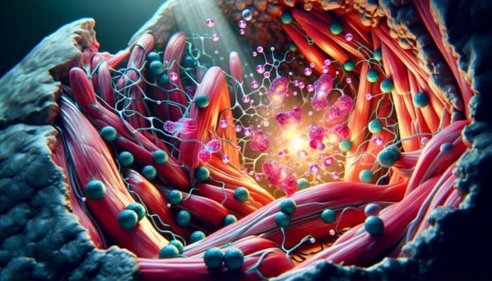 Microscopic view of muscle fibres repairing and growing with glowing glutamine molecules showcasing protein synthesis.