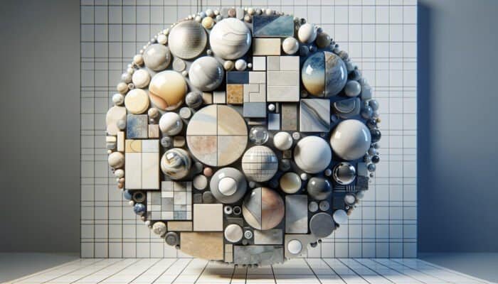 A showcase of various porcelain tiles: glazed, glossy and water-resistant; unglazed, featuring a natural texture; polished, smooth and reflective, all displayed in a busy area.