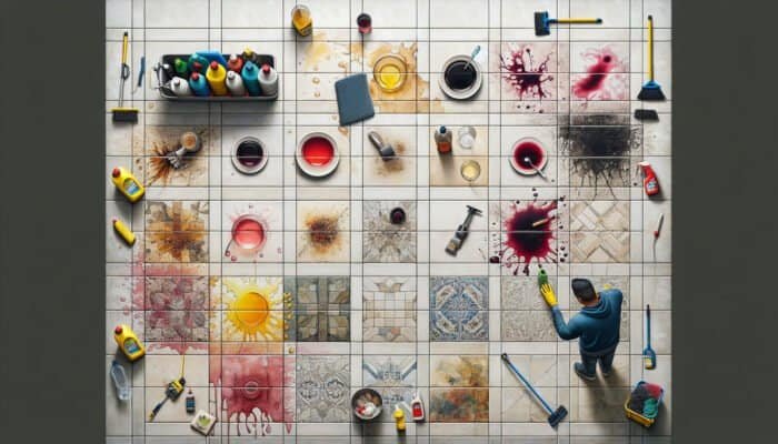 Porcelain tiles affected by stains from wine, coffee, and grease; a person cleaning with various tools and cleaning solutions.