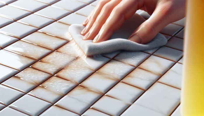 Porcelain tiles with hard water stains being cleaned using a vinegar-soaked cloth, restoring their original shine.