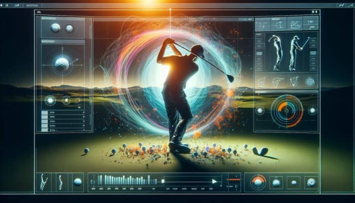 Interface of golf swing analysis software showcasing slow-motion playback, drawing tools, and side-by-side comparison functionalities.