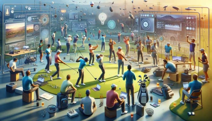 South African golfers using laptops and smartphones, participating in a community forum with local expert guidance for swing analysis.