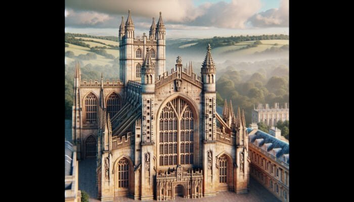 Restored limestone façade of Bath Abbey in Somerset, demonstrating rejuvenated stonework after steam cleaning and chemical treatments.