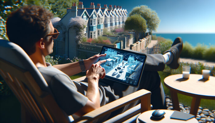 Person in Brighton garden using a tablet to manage London flat decluttering via video conference.